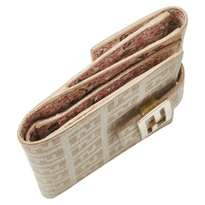 Pre-owned Fendi Zucchino Beige Ivory Pvc Leather Wallet (bi-fold) () In Multi
