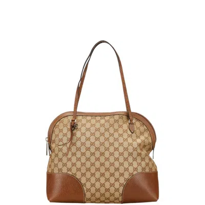Pre-owned Gucci Gg Canvas Beige Brown Gg Canvas Leather Handbag Tote Bag ()