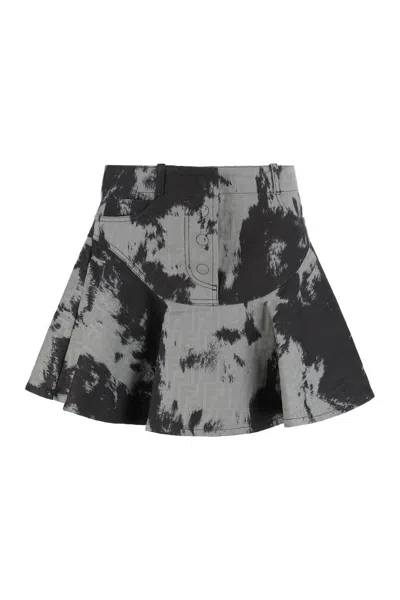 Fendi Ff Denim Skirt With Frosted Fauna Motif In Black