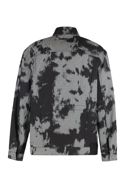 Fendi Ff Denim Jacket With Frosted Fauna Motif In Black
