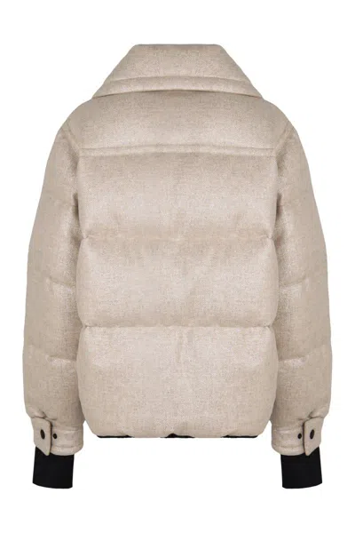 Moncler Grenoble Short Down Jacket In A Mixed Wool Metallic Fabric Sandane In Neutral