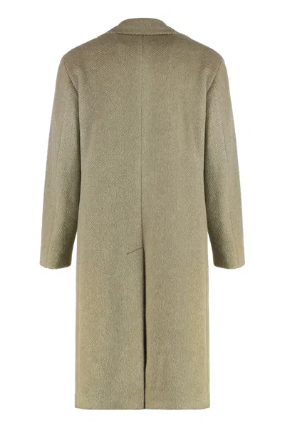 Hugo Boss Mens Open Brown Double-breasted Herringbone Wool-blend Coat In Green