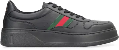 Gucci Men Black Sneakers With Web Detail And Oversized Sole In Leather Man In Black