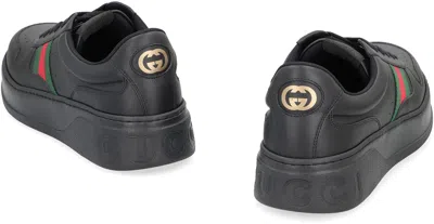 Gucci Men Black Sneakers With Web Detail And Oversized Sole In Leather Man In Black