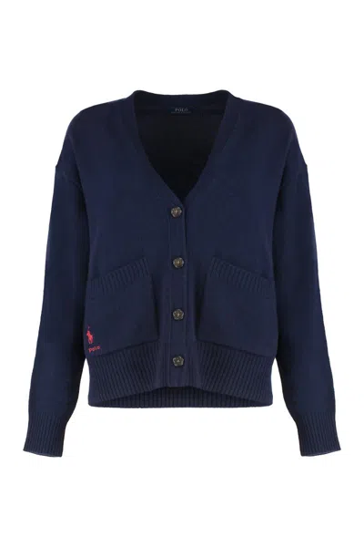 Polo Ralph Lauren Wool Cardigan With Dropped Shoulder Clothing In Blue