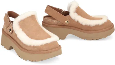 Ugg Suede Mules With Plush Trim And Adjustable Strap In Brown