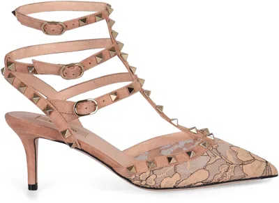 Valentino Rockstud 65 Lace And Suede Pumps In Pink