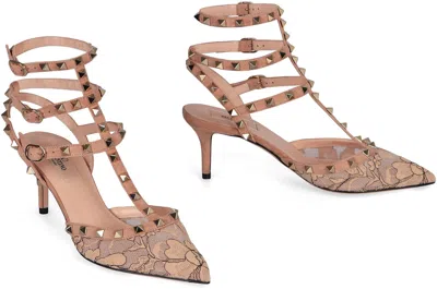 Valentino Rockstud 65 Lace And Suede Pumps In Pink