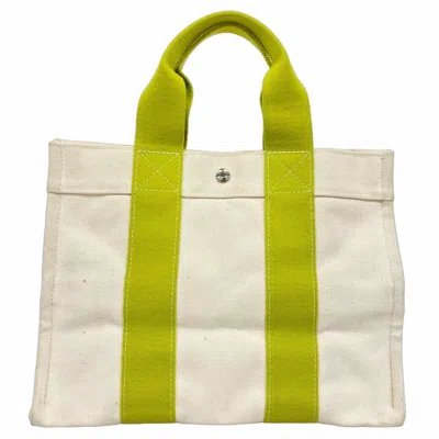 Pre-owned Hermes Green White Canvas Tote Bag () In Multi