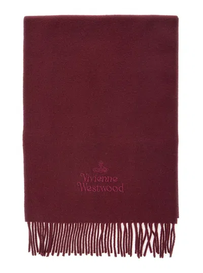 Vivienne Westwood Bordeaux Scarf With Fringed Hem And Orb Embroidery On The Front In Wool Unisex In Red