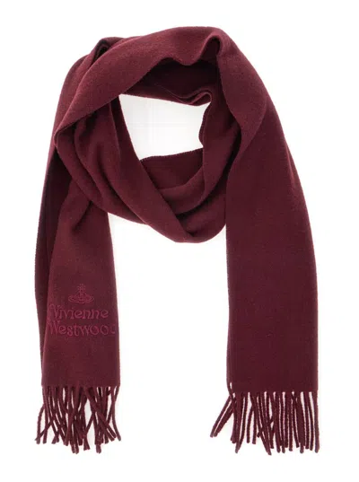 Vivienne Westwood Bordeaux Scarf With Fringed Hem And Orb Embroidery On The Front In Wool Unisex In Red