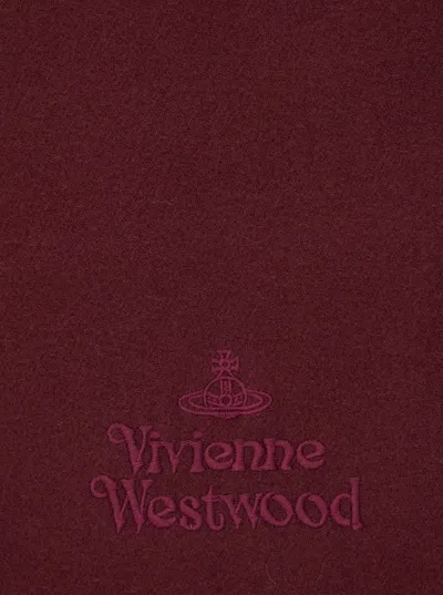 Vivienne Westwood Bordeaux Scarf With Fringed Hem And Orb Embroidery On The Front In Wool Unisex In Red