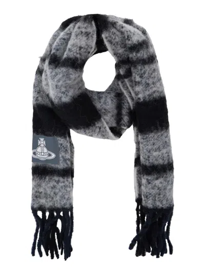 Vivienne Westwood Grey Scarf With Orb Patch On The Front And All-over Striped Motif In Wool Unisex In Gray