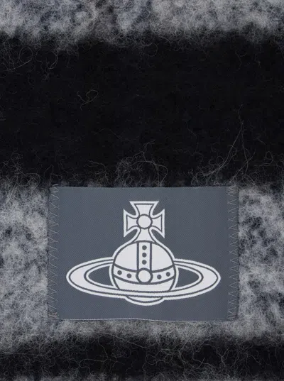 Vivienne Westwood Grey Scarf With Orb Patch On The Front And All-over Striped Motif In Wool Unisex In Gray