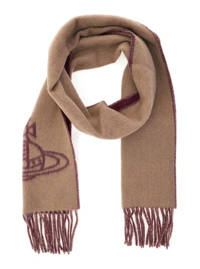 Vivienne Westwood Beige Scarf With Fringed Hem And Orb Embroidery On The Front In Wool Unisex In Brown