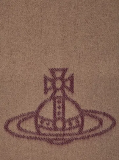 Vivienne Westwood Beige Scarf With Fringed Hem And Orb Embroidery On The Front In Wool Unisex In Brown