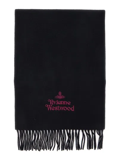 Vivienne Westwood Black Scarf With Fringed Hem And Orb Embroidery On The Front In Wool Unisex In Black