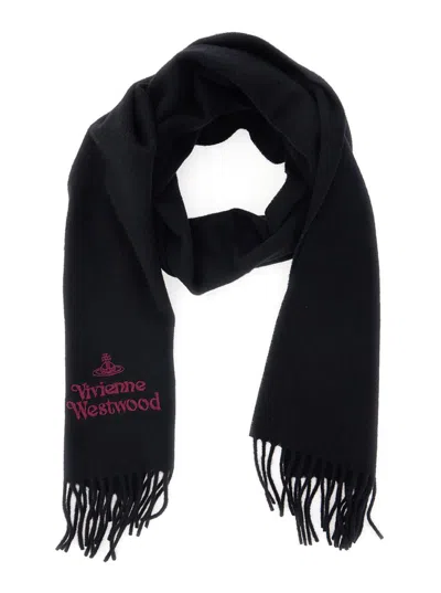 Vivienne Westwood Black Scarf With Fringed Hem And Orb Embroidery On The Front In Wool Unisex In Black