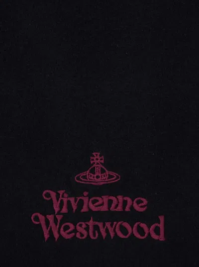 Vivienne Westwood Black Scarf With Fringed Hem And Orb Embroidery On The Front In Wool Unisex In Black