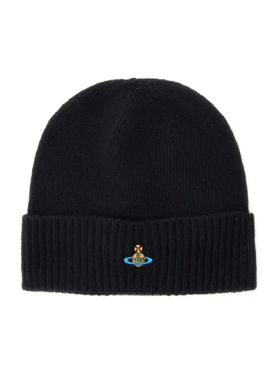 Vivienne Westwood Black Beanie With Orb Patch On The Front And Ribbed Brim In Cashmere Unisex In Blue