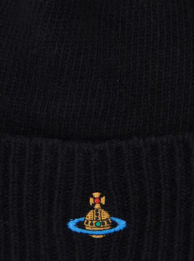 Vivienne Westwood Black Beanie With Orb Patch On The Front And Ribbed Brim In Cashmere Unisex In Blue