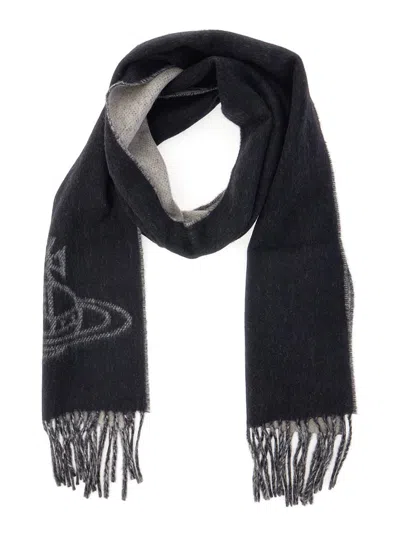 Vivienne Westwood Black Scarf With Fringed Hem And Orb Embroidery On The Front In Wool Unisex In Black