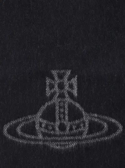 Vivienne Westwood Black Scarf With Fringed Hem And Orb Embroidery On The Front In Wool Unisex In Black