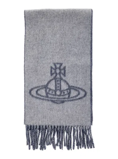 Vivienne Westwood Grey Scarf With Fringed Hem And Orb Embroidery On The Front In Wool Unisex In Gray