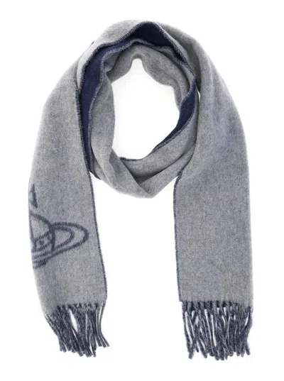 Vivienne Westwood Grey Scarf With Fringed Hem And Orb Embroidery On The Front In Wool Unisex In Gray