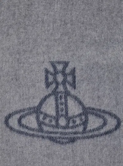 Vivienne Westwood Grey Scarf With Fringed Hem And Orb Embroidery On The Front In Wool Unisex In Gray