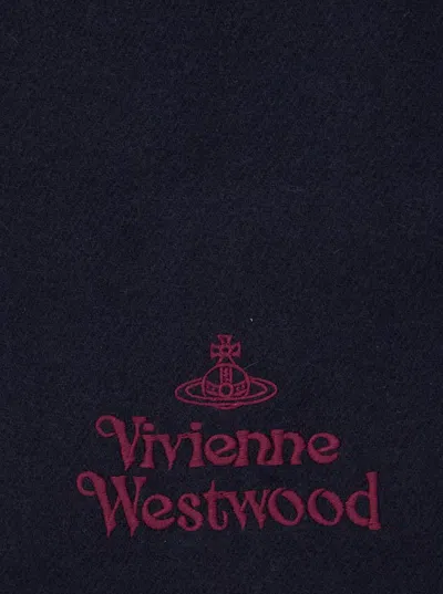 Vivienne Westwood Blue Scarf With Fringed Hem And Orb Embroidery On The Front In Wool Unisex In Blue