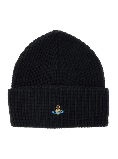 Vivienne Westwood Black Ribbed Beanie With Orb Logo Embroidered In Wool Unisex In Black