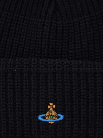 Vivienne Westwood Black Ribbed Beanie With Orb Logo Embroidered In Wool Unisex In Black