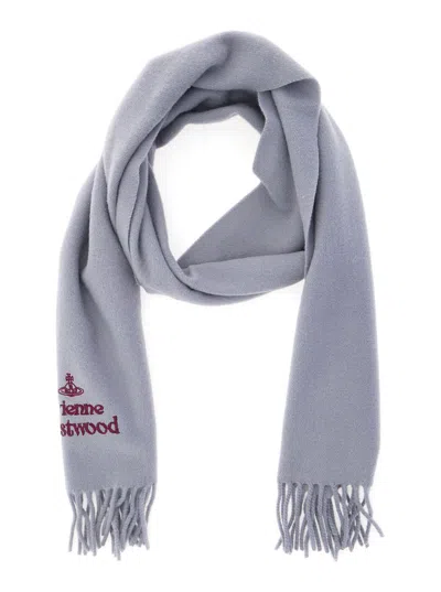 Vivienne Westwood Grey Scarf With Fringed Hem And Orb Embroidery On The Front In Wool Unisex In Blue