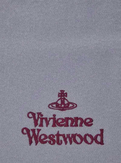 Vivienne Westwood Grey Scarf With Fringed Hem And Orb Embroidery On The Front In Wool Unisex In Blue