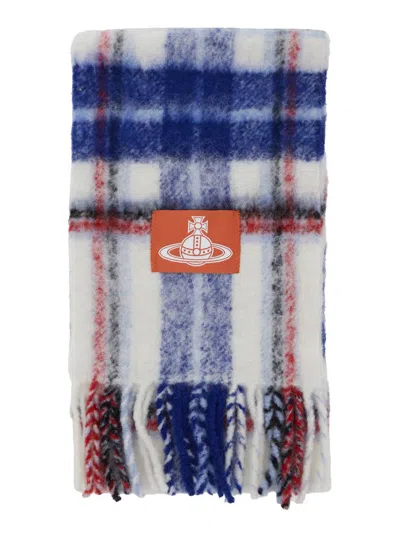 Vivienne Westwood Multicolor Scarf With Orb Patch On The Front And All-over Check Motif In Wool Unisex In Blue