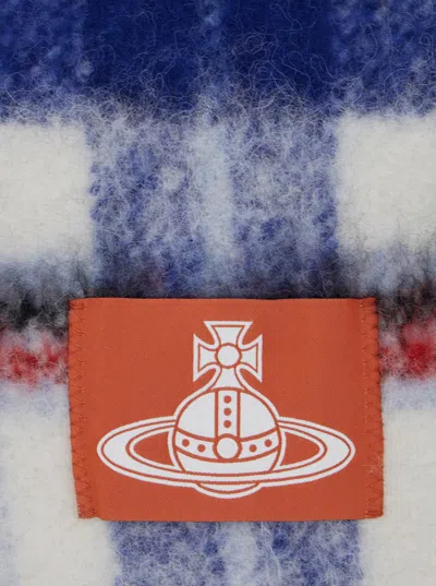 Vivienne Westwood Multicolor Scarf With Orb Patch On The Front And All-over Check Motif In Wool Unisex In Blue