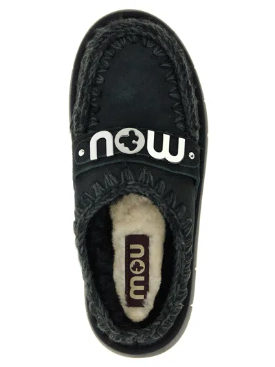 Mou Bounce Black Mules With Logo Lettering And Open Rear In Suede Woman In Black