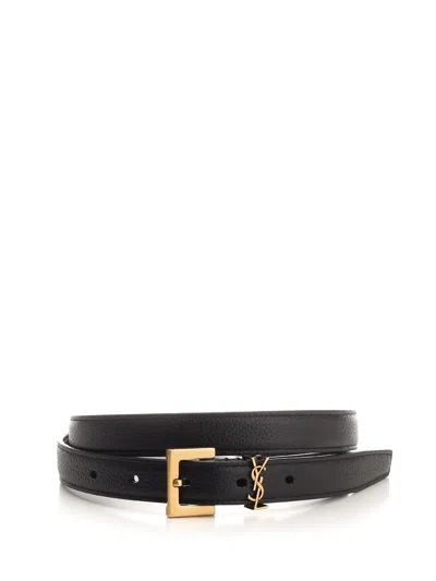 Saint Laurent Cassandre Thin Belt With Square Buckle In Grained Leather In Black