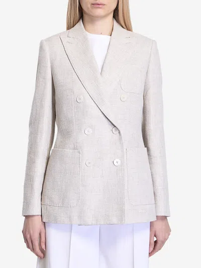 Max Mara Linen Blend Double-breasted Jacket With Chest Pocket In Beige