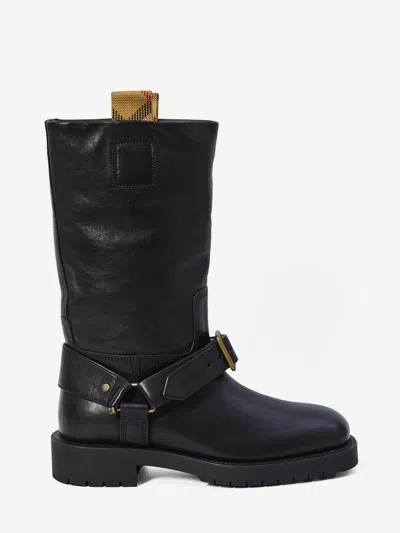Burberry Soft Saddle Leather Mid-calf Boots In Black
