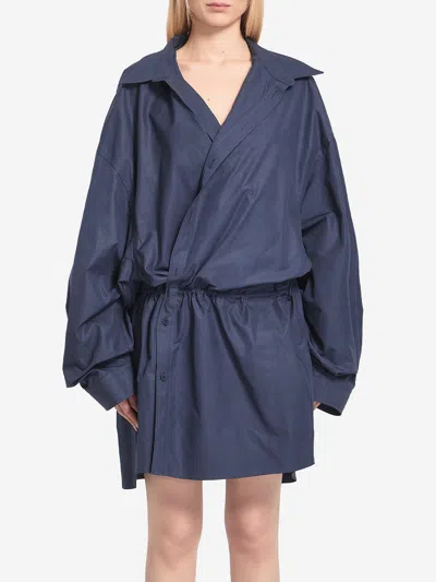 Balenciaga Elasticated Waistband Cotton Shirt Mini Dress In Blue