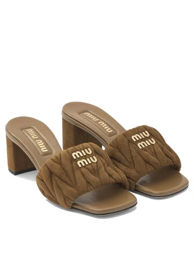 Miu Miu Heeled Sandals In Suede Leather In Brown