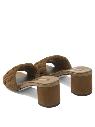 Miu Miu Heeled Sandals In Suede Leather In Brown