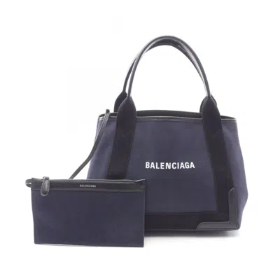 Pre-owned Balenciaga Black Navy Canvas Leather Pouch Tote Bag () In Multi