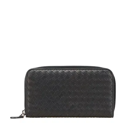 Pre-owned Bottega Veneta Intrecciato Black Leather Long Wallet (bi-fold) ()