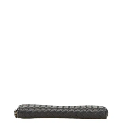 Pre-owned Bottega Veneta Intrecciato Black Leather Long Wallet (bi-fold) ()