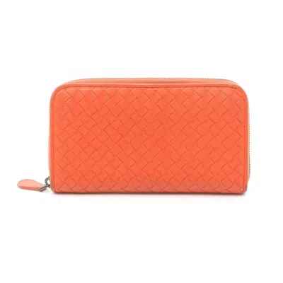 Pre-owned Bottega Veneta Intrecciato Orange Leather Long Wallet (bi-fold) ()