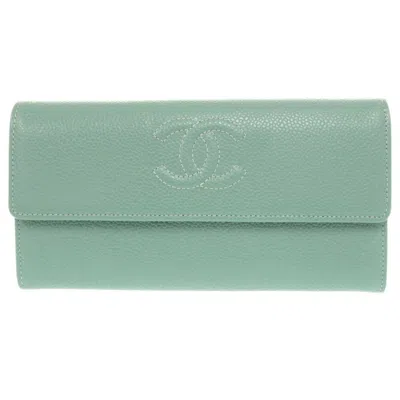 Pre-owned Chanel Green Grained Calfskin Long Wallet (bi-fold) ()