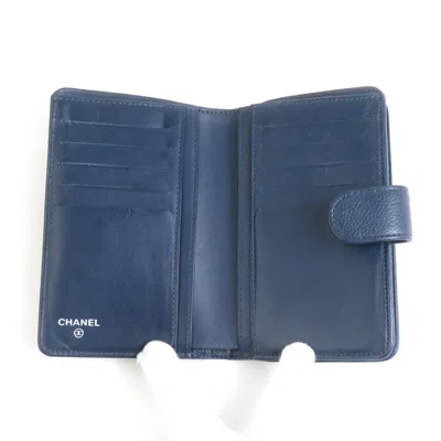 Pre-owned Chanel Navy Grained Calfskin Wallet (bi-fold) () In Blue